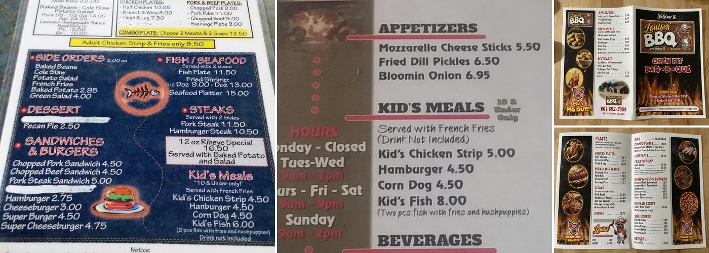 Louise Open Pit Barbeque Menu