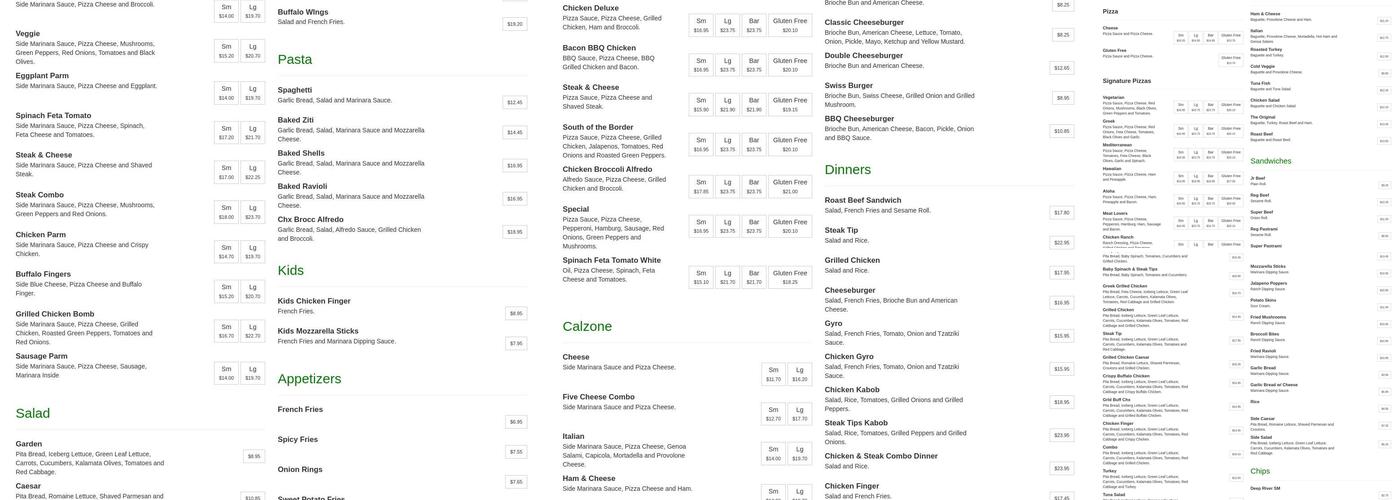 Family Pizza & Roast Beef Menu