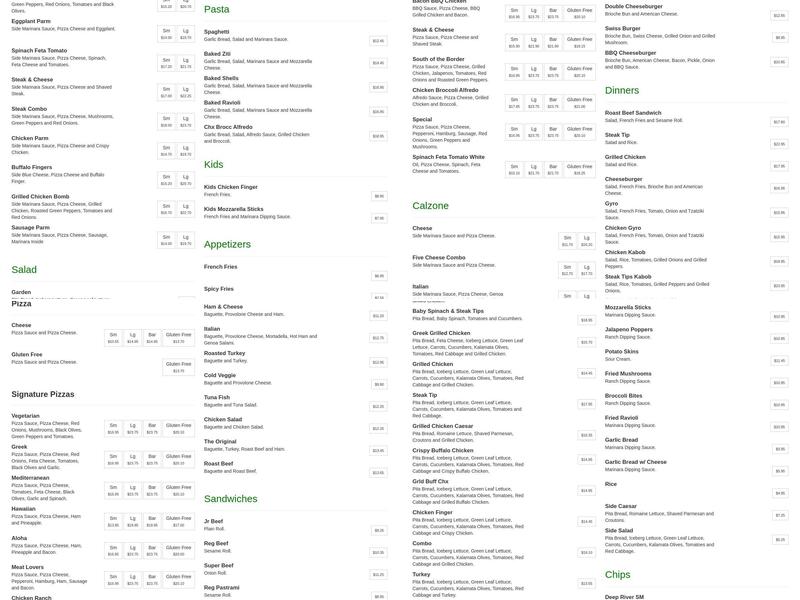 Family Pizza & Roast Beef Menu