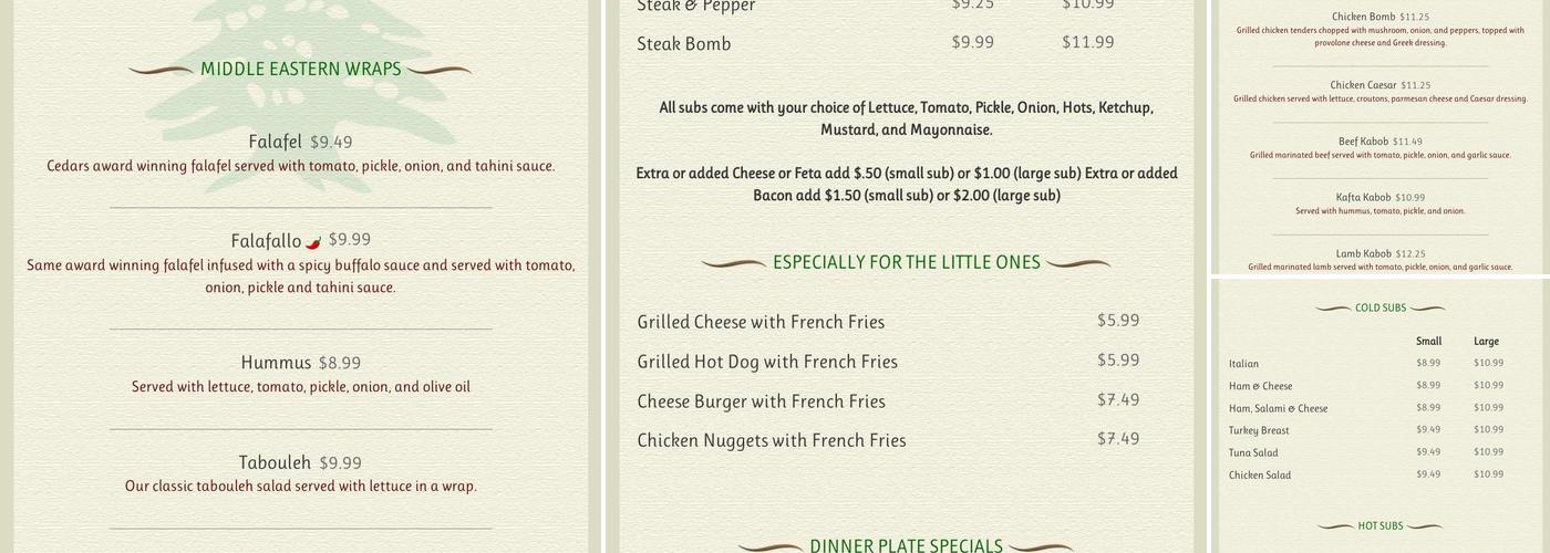 Cedars Cafe Menu