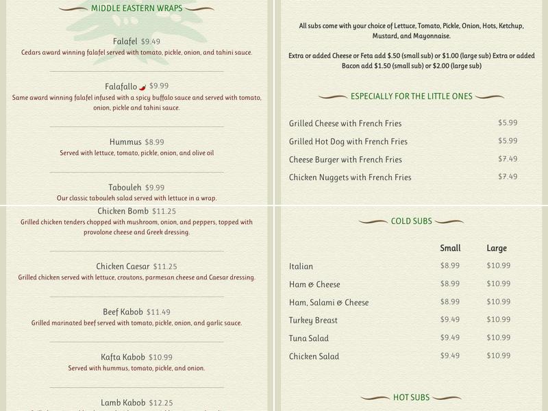 Cedars Cafe Menu