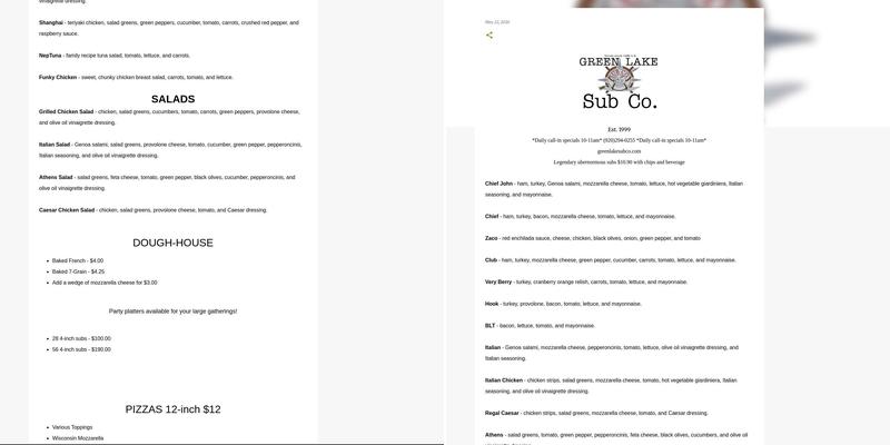 Green Lake Sub Co Menu
