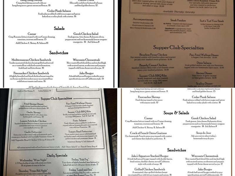 Jake's Supper Club Menu