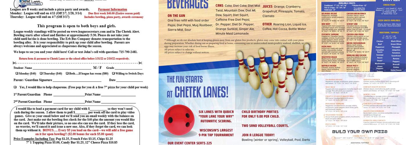 Chetek Lanes, Event Center & Pizzeria Menu