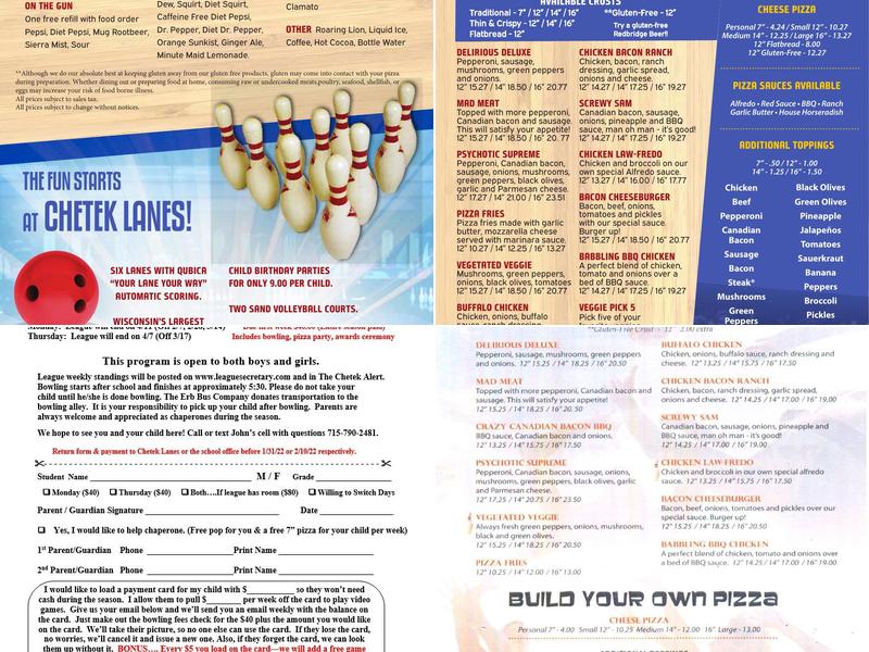 Chetek Lanes, Event Center & Pizzeria Menu