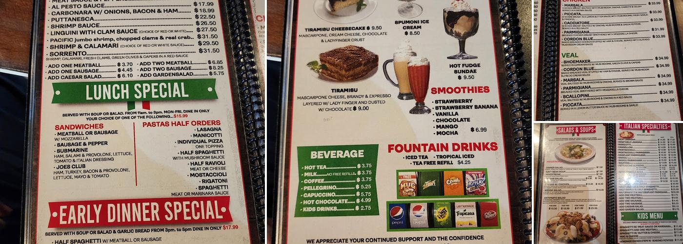 Joe's Italian Menu