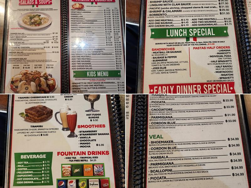 Joe's Italian Menu