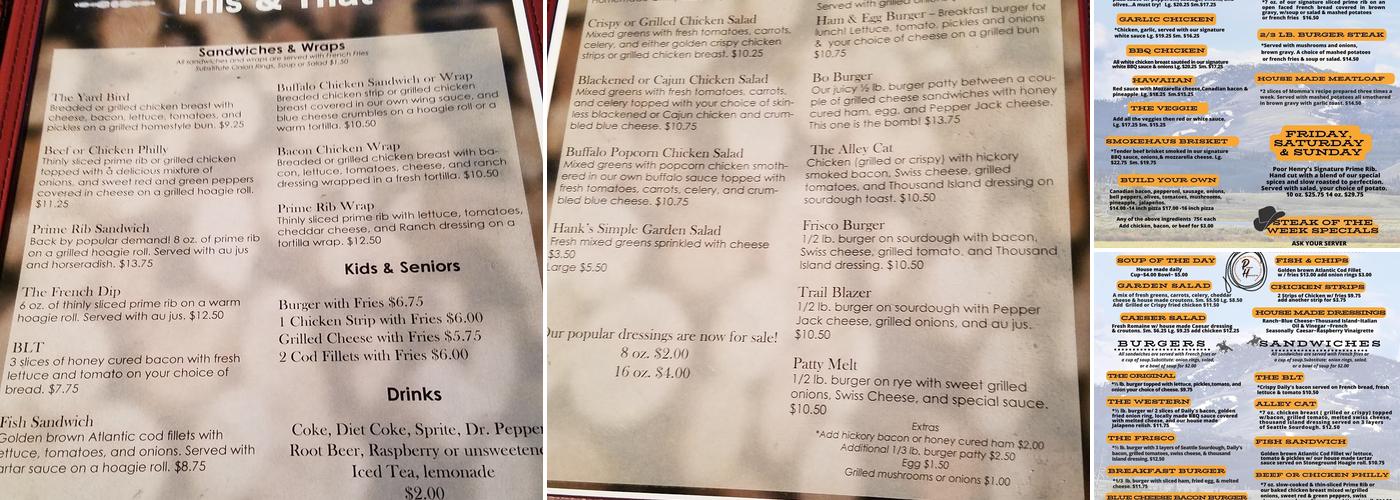 Poor Henry's Bar Menu