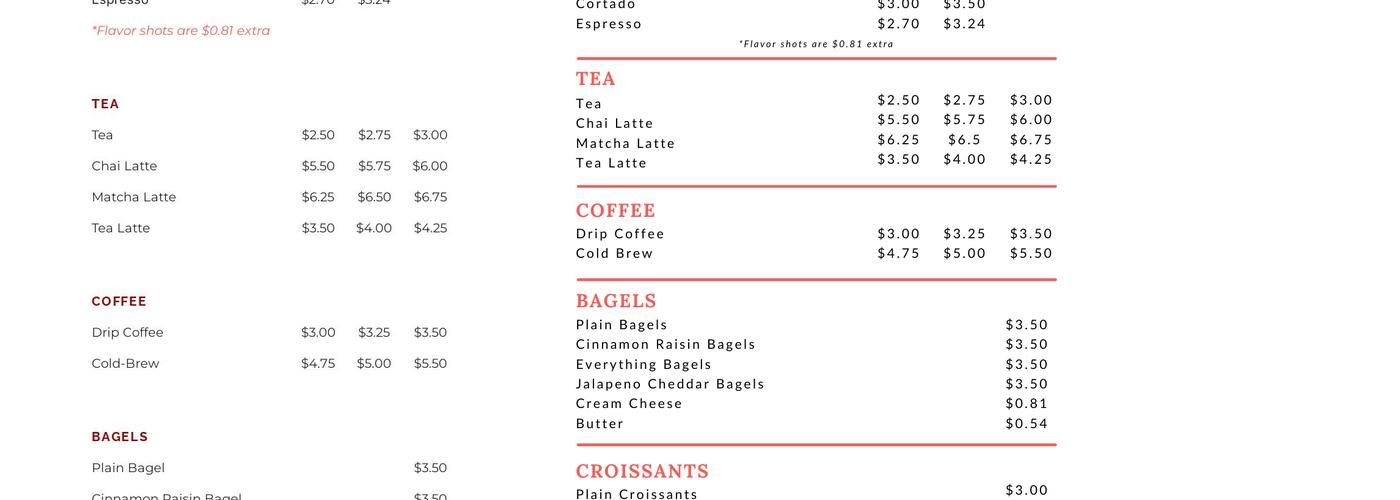 Williams Cafe Menu