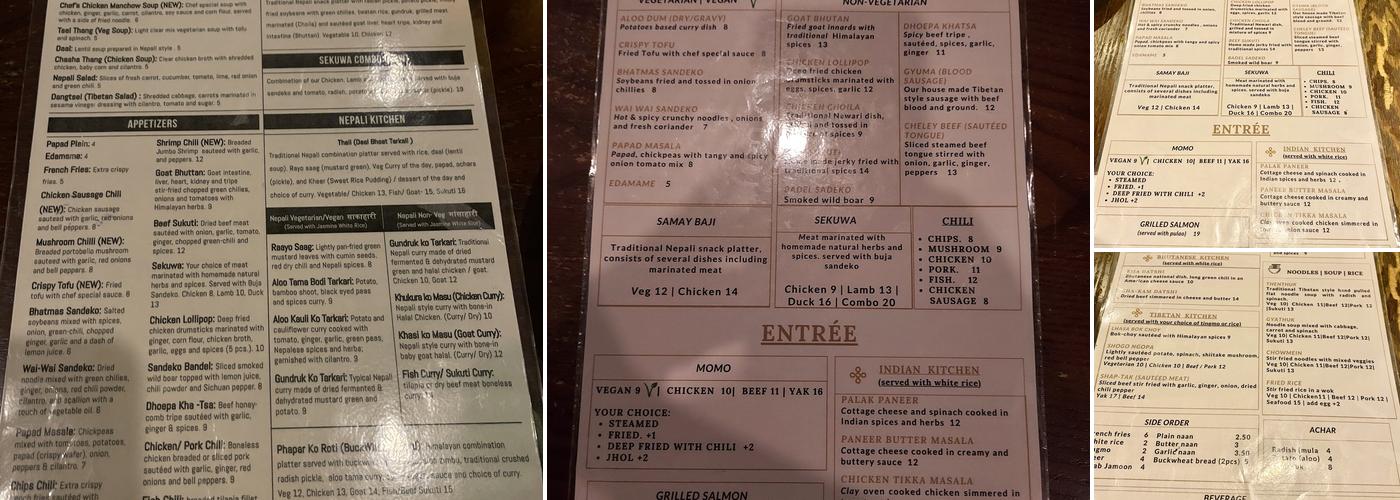 Himalayan Yak Restaurant Menu