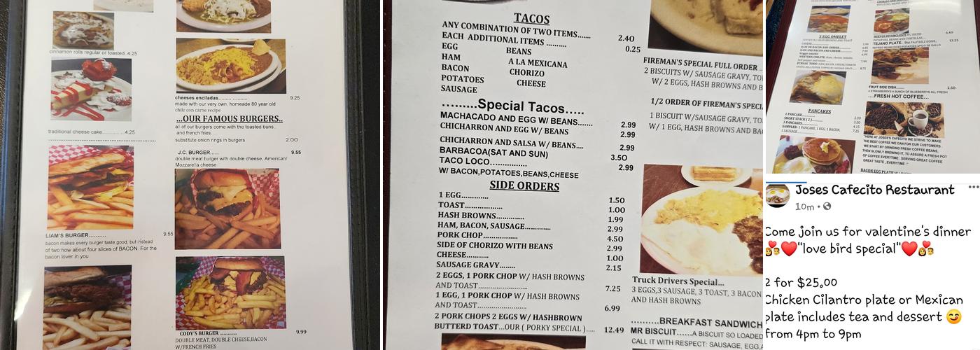 Jose's Cafecito Restaurant Menu