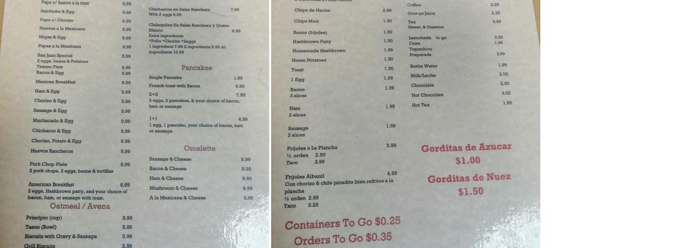 San Juan Cafe Menu