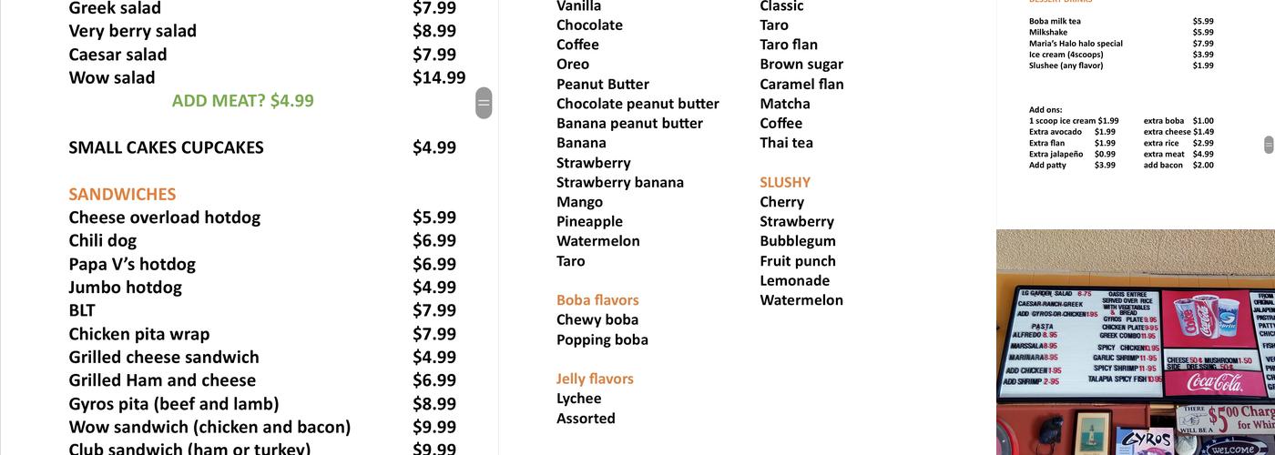 Papa V's Oasis Grill and Deli Menu