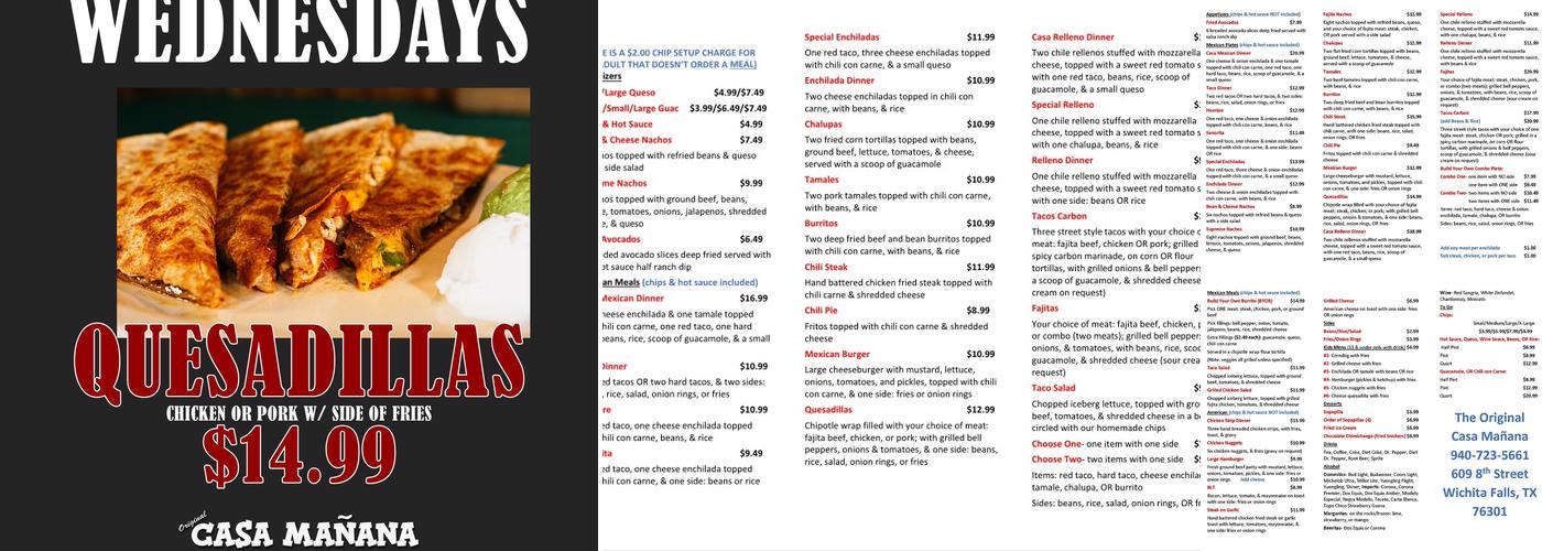 Casa Mañana Inc Menu