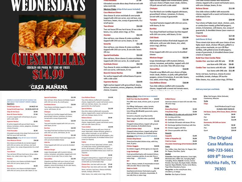 Casa Mañana Inc Menu