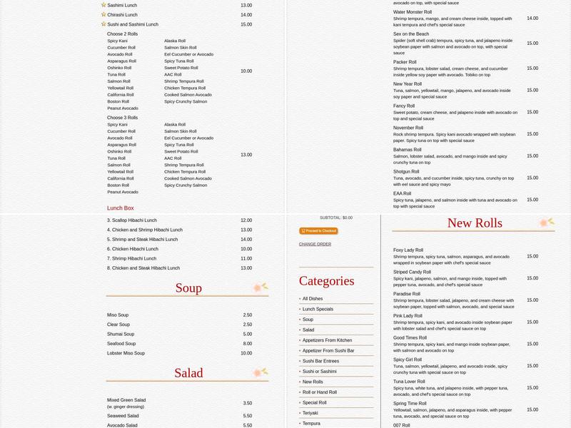 Sakura Japanese Steakhouse Menu