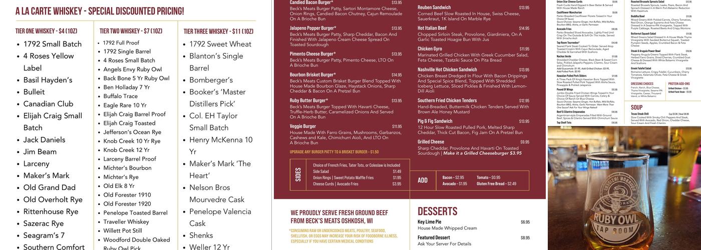 The Ruby Owl Tap Room Menu