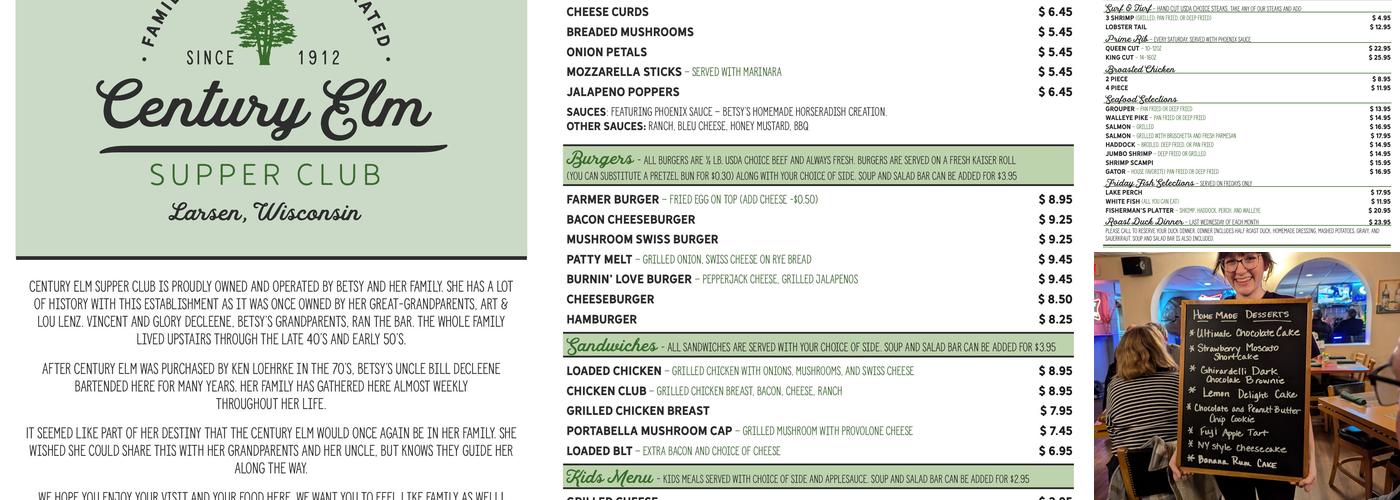 Century Elm Supper Club Menu