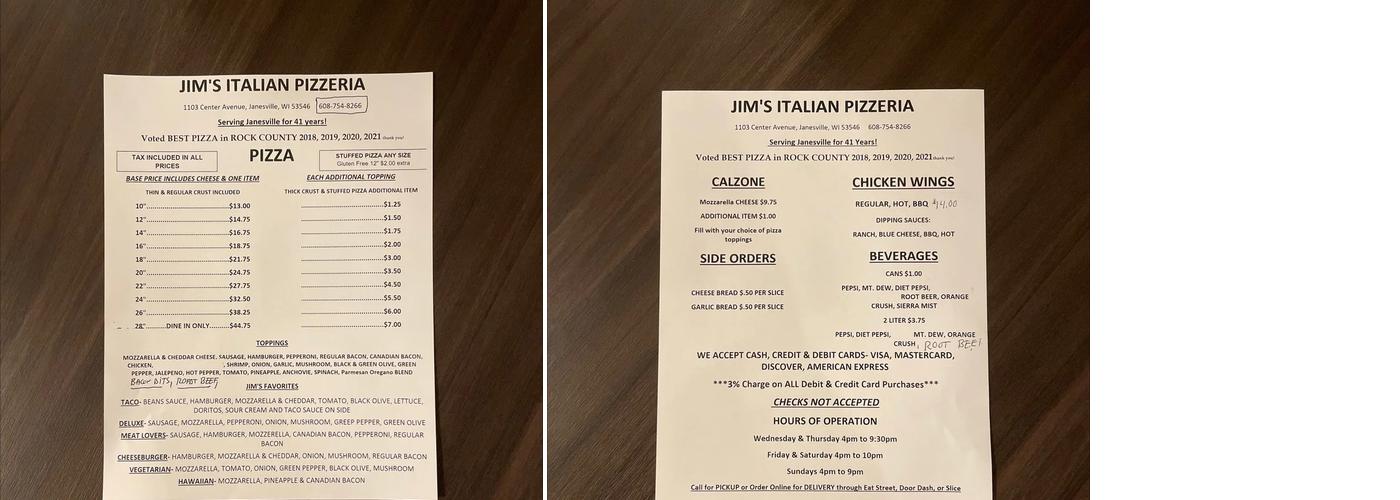Jim's Pizzeria Menu
