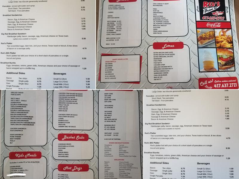 Red's Drive In Menu