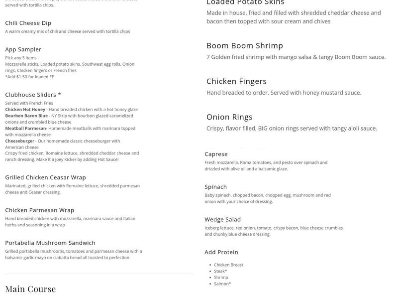 The Clubhouse at Aquia Harbour Menu