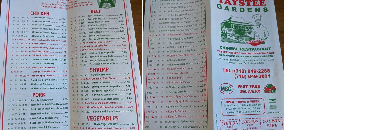 Taystee Gardens Menu