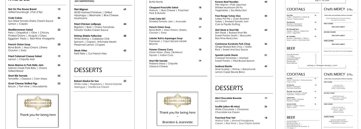Hunsaker's Menu