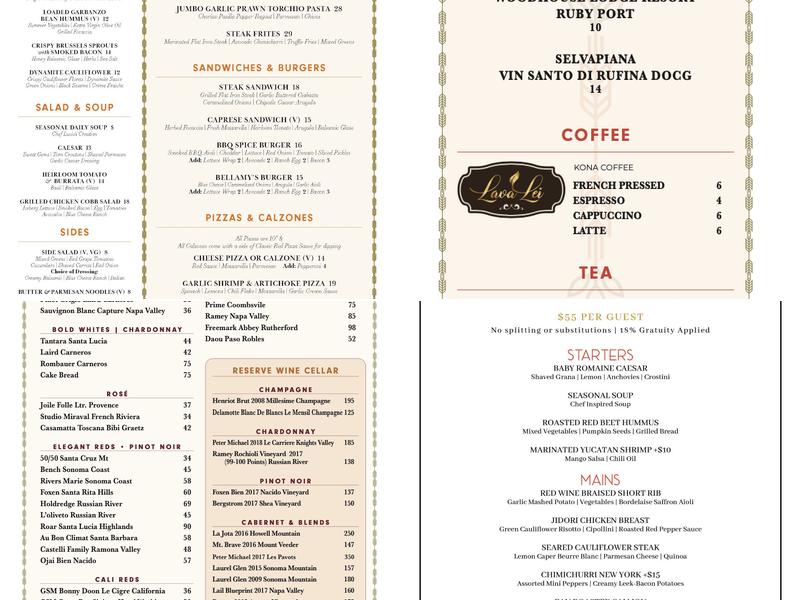 Bellamy's Restaurant Menu