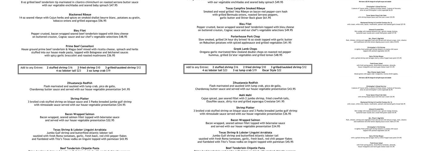 Christopher's World Grille Menu
