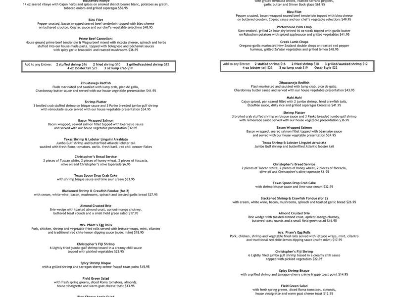 Christopher's World Grille Menu