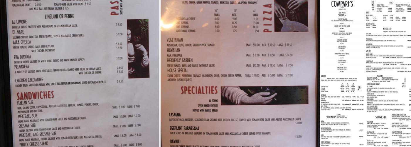 Compari's Trattoria Menu