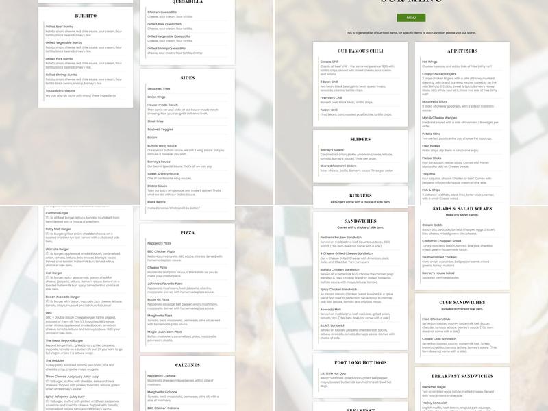 Barney's Beanery Menu