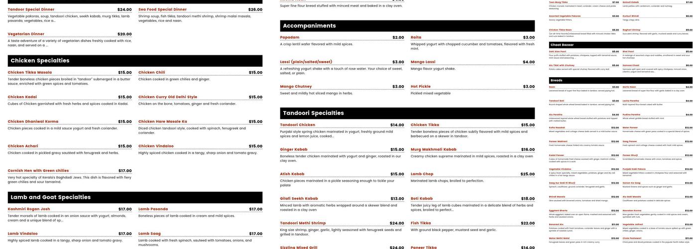 Tandoor Restaurant Menu