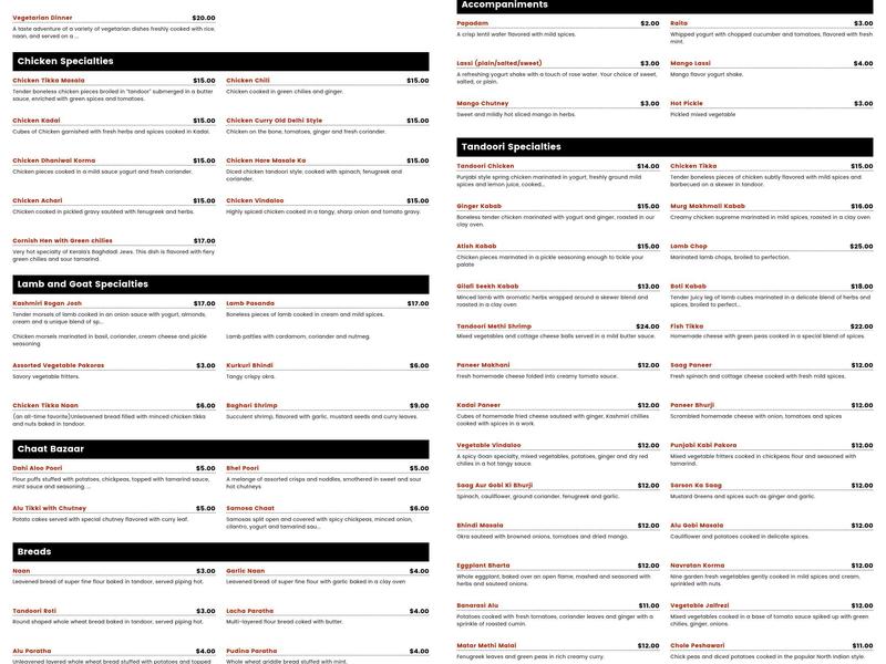 Tandoor Restaurant Menu