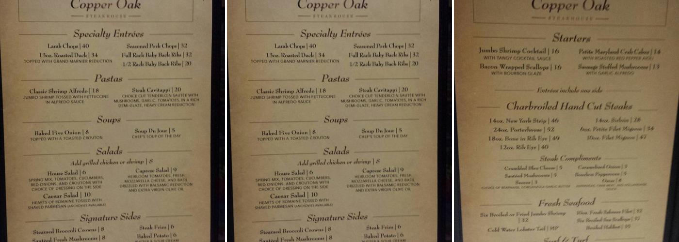 Copper Oak Steakhouse Menu