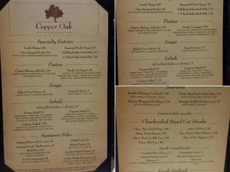 Copper Oak Steakhouse Menu
