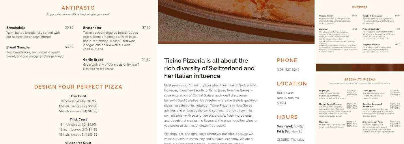 Ticino Pizzeria Menu