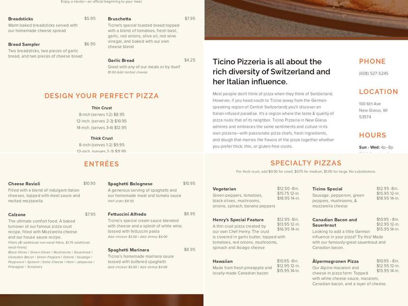 Ticino Pizzeria Menu