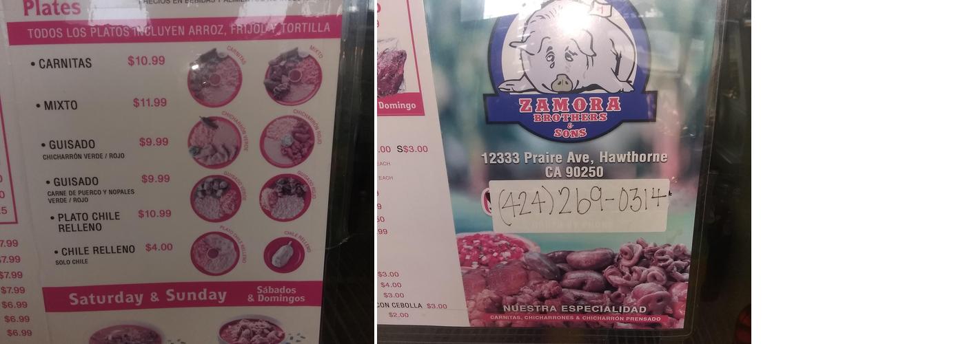 Carnitas Zamora Bros Menu