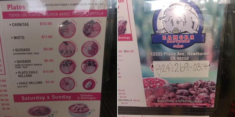 Carnitas Zamora Bros Menu