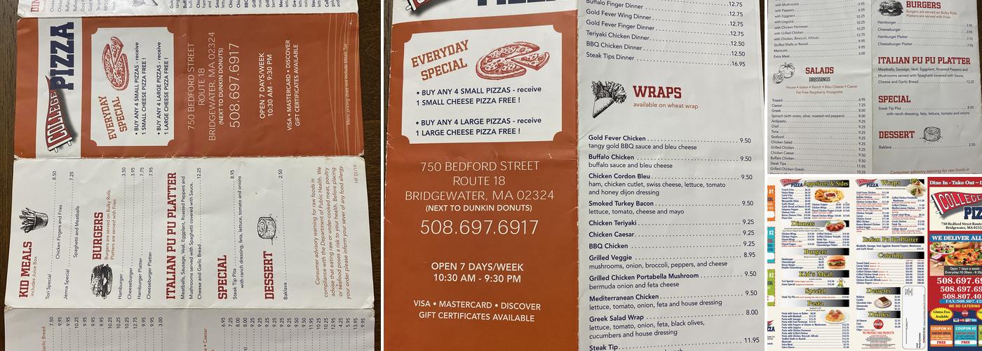 College Pizza Menu