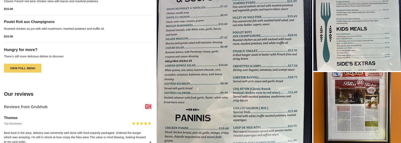 Bliss 46 Bistro Menu