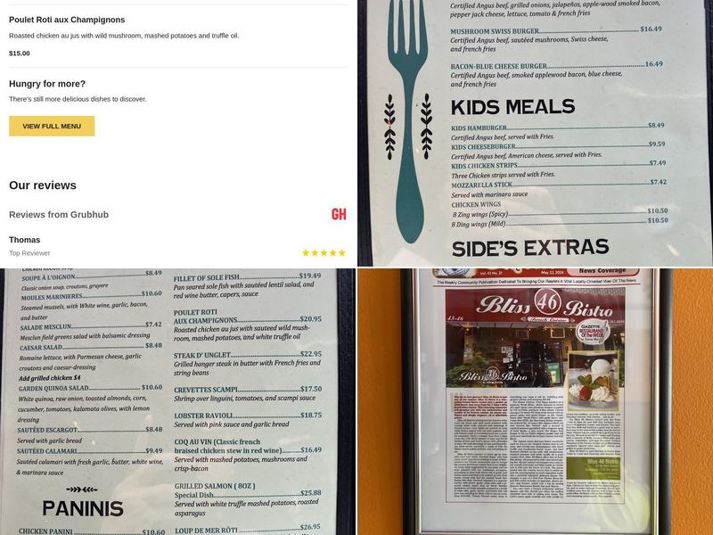 Bliss 46 Bistro Menu