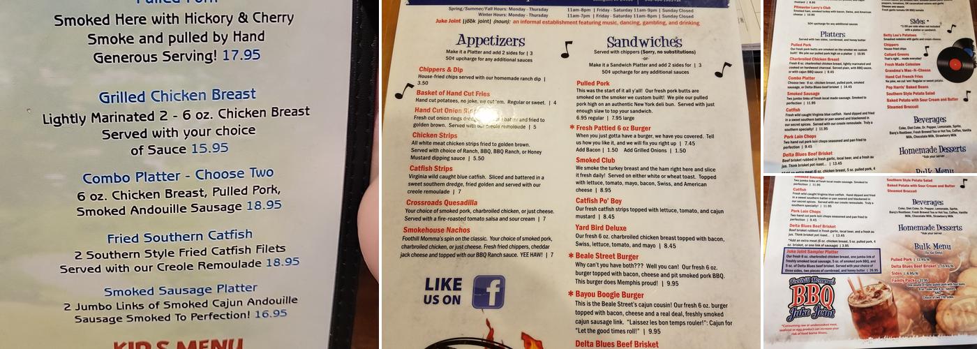 Foothill Momma's BBQ Juke Joint Menu