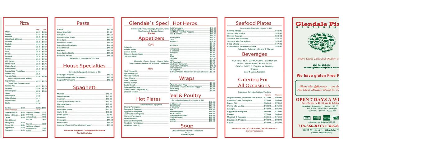 Glendale Pizza Menu