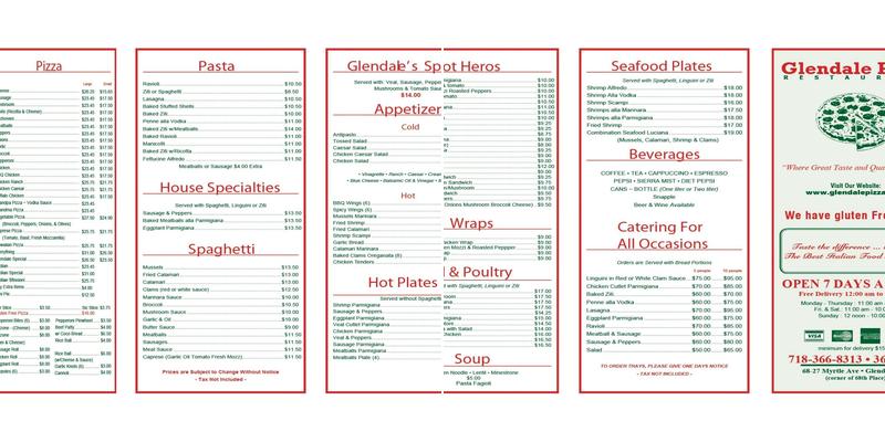 Glendale Pizza Menu