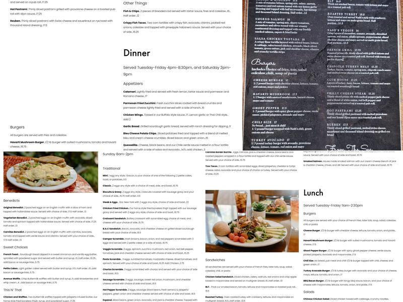 Nash's Restaurant Menu