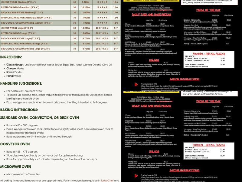 Patty's Gourmet Pizza Menu