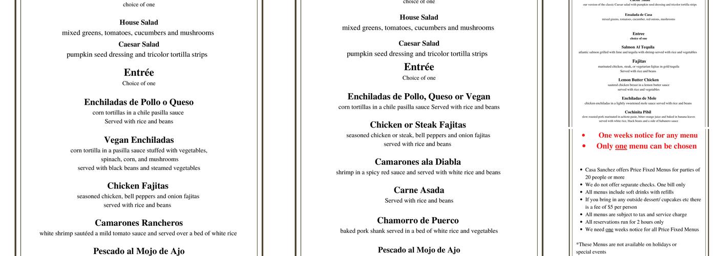 Casa Sanchez Menu