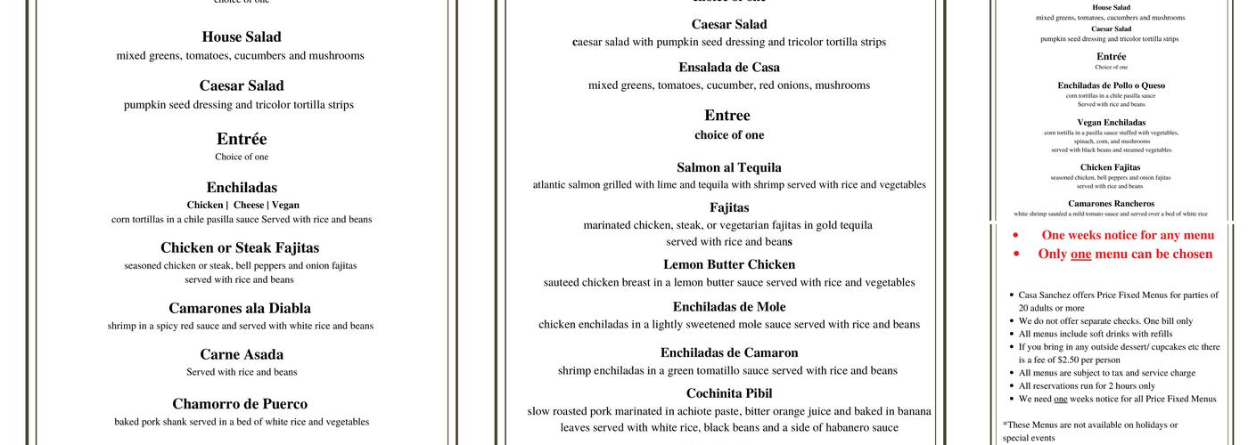 Casa Sanchez Menu